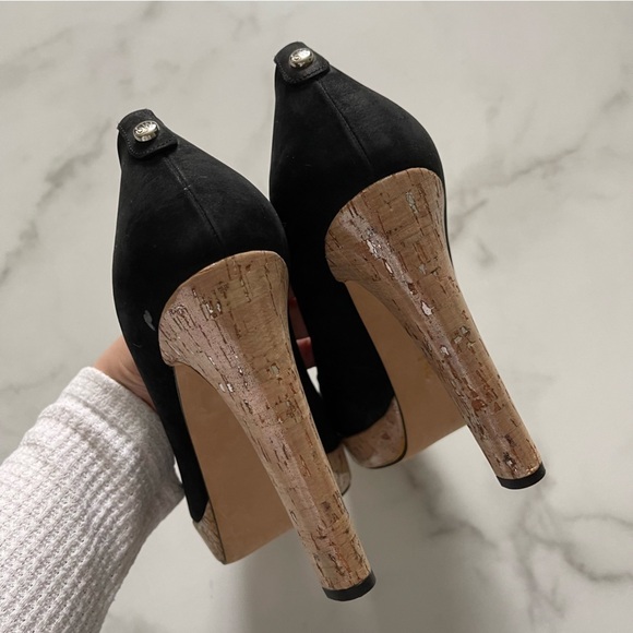 Stuart Weitzman Cork Platform Peep Toe Heel Pump Nubuck Black Leather Size 10 M - Picture 9 of 9